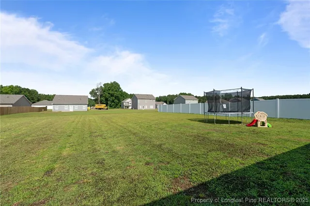a view of a backyard with plants and large tree