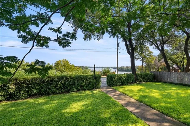 a view of a backyard with large trees