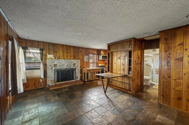a living room with furniture a fireplace and a shower