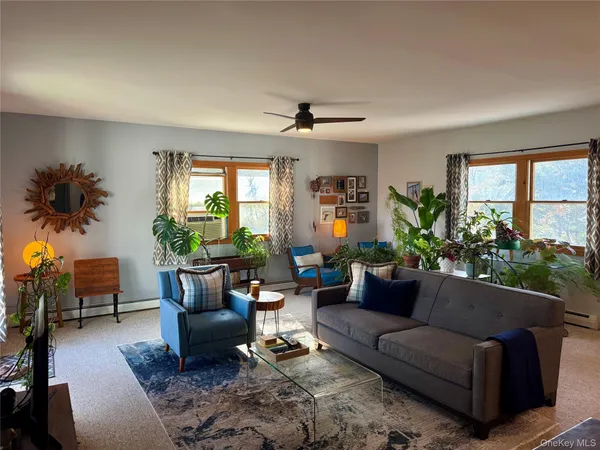 a living room with furniture potted plant a window and a flat screen tv
