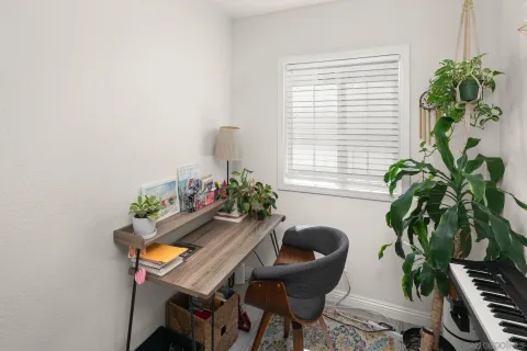 a dining room with furniture and a potted plant