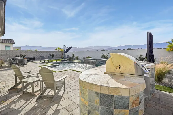 a building outdoor space with patio furniture