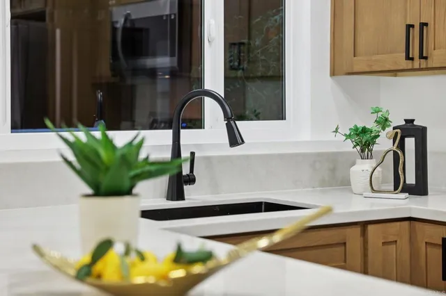a kitchen with a sink and a potted plant