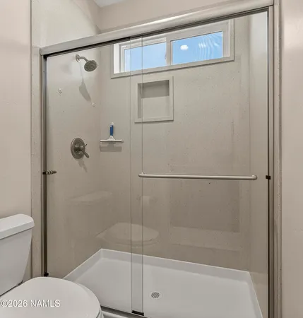 a bathroom with a shower and a toilet