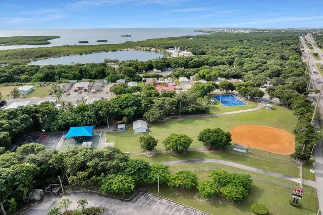an aerial view of residential building and lake