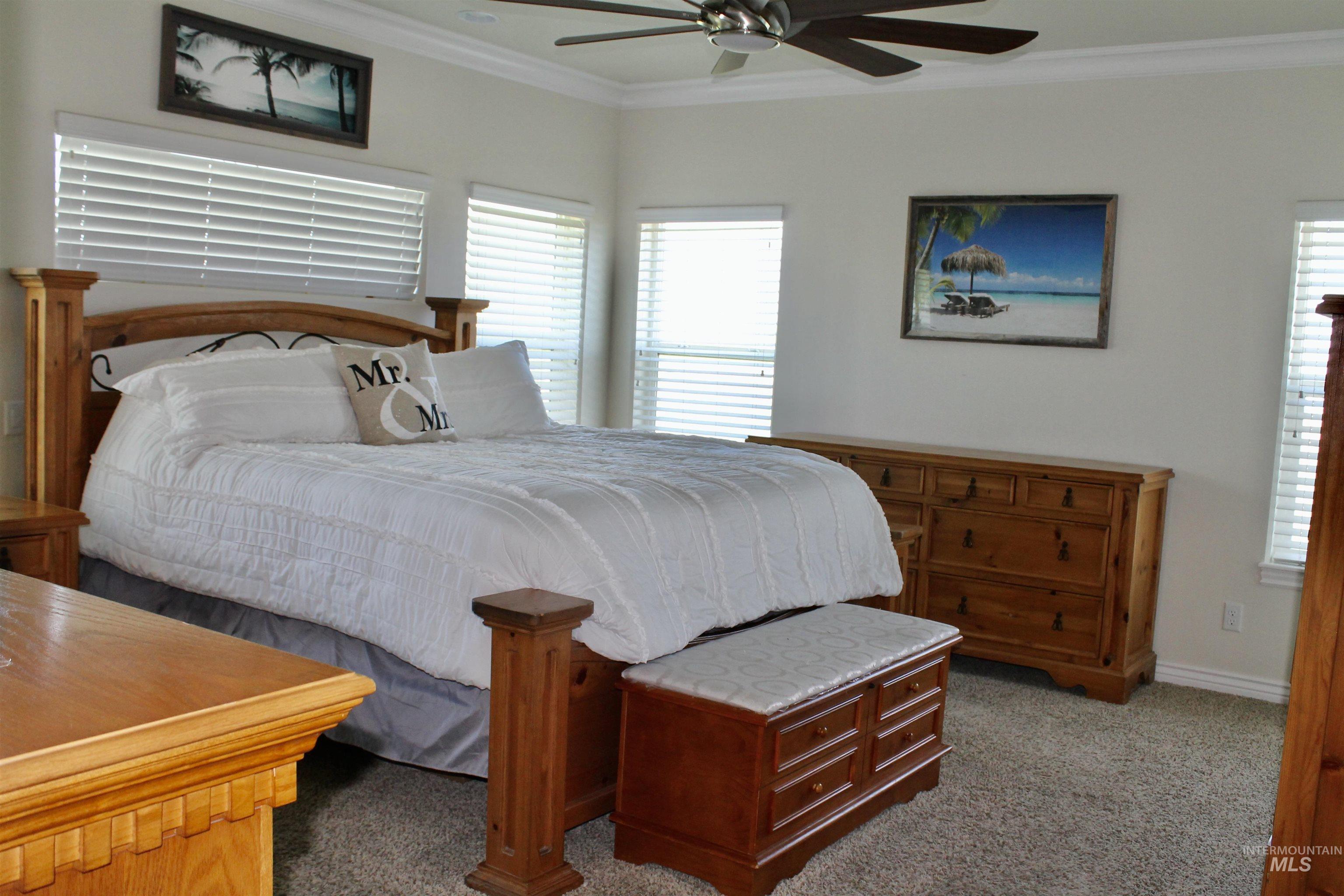 2464 Windmill Drive Twin Falls, ID 83301 - Photo 39 of 47 Bedroom featuring multiple windows, crown molding, carpet flooring, and a ceiling fan