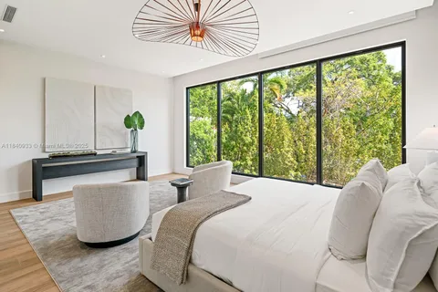 a bedroom with two beds and a large window