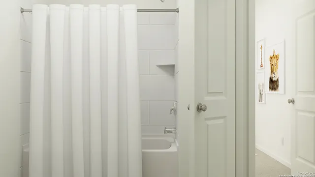 a bathroom with a shower curtain