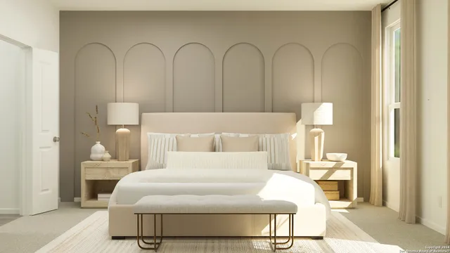 a bedroom with a bed and a mirror