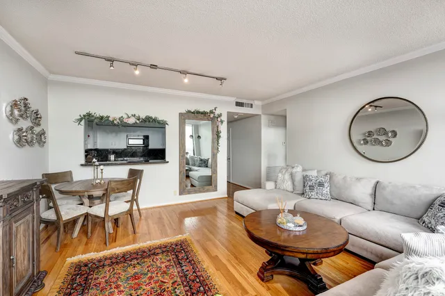 a living room with furniture a rug and kitchen view