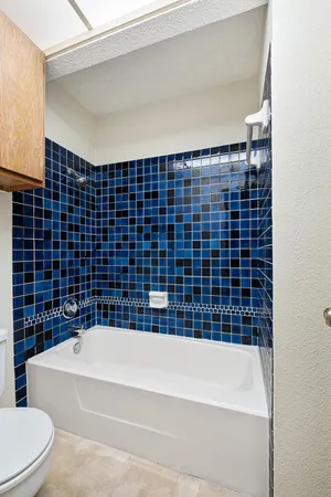 a bathroom with a bathtub and a toilet