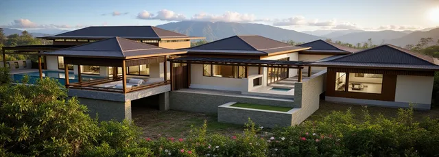 a backyard of a house with barbeque oven table and chairs