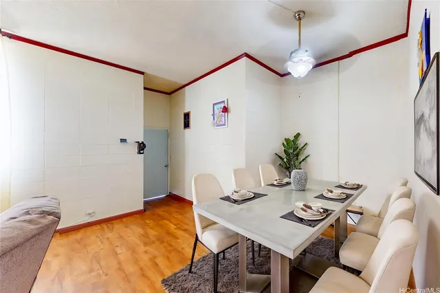 a view of a dining room with furniture