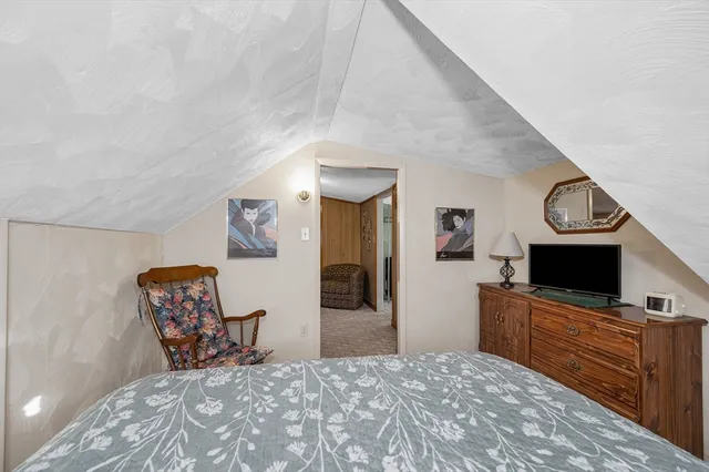 a bedroom with a bed and a television