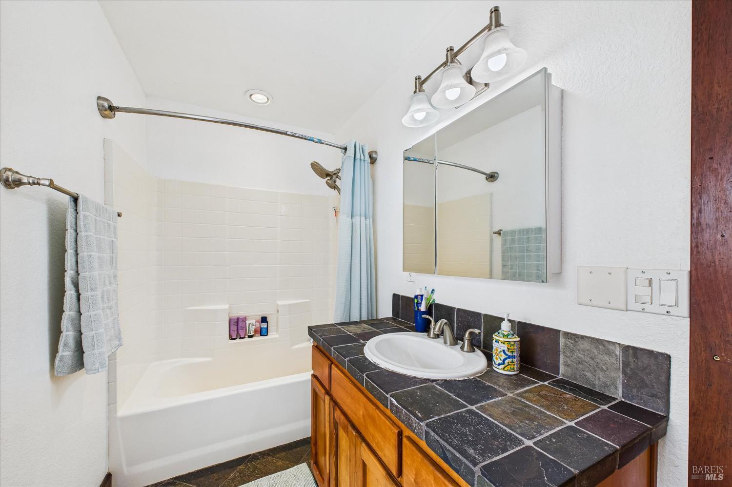 1150 Dinsmore Ranch Road Rio Dell, CA 95562 - Photo 52 of 71 a bathroom with a granite countertop sink a mirror a bathtub and shower