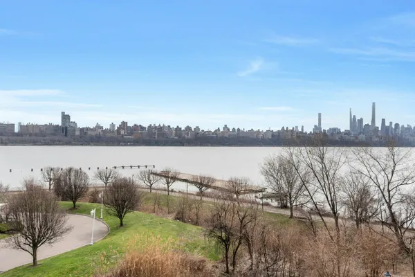 a view of lake with green space