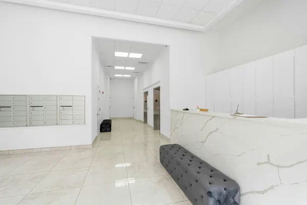 a building with glass door and door