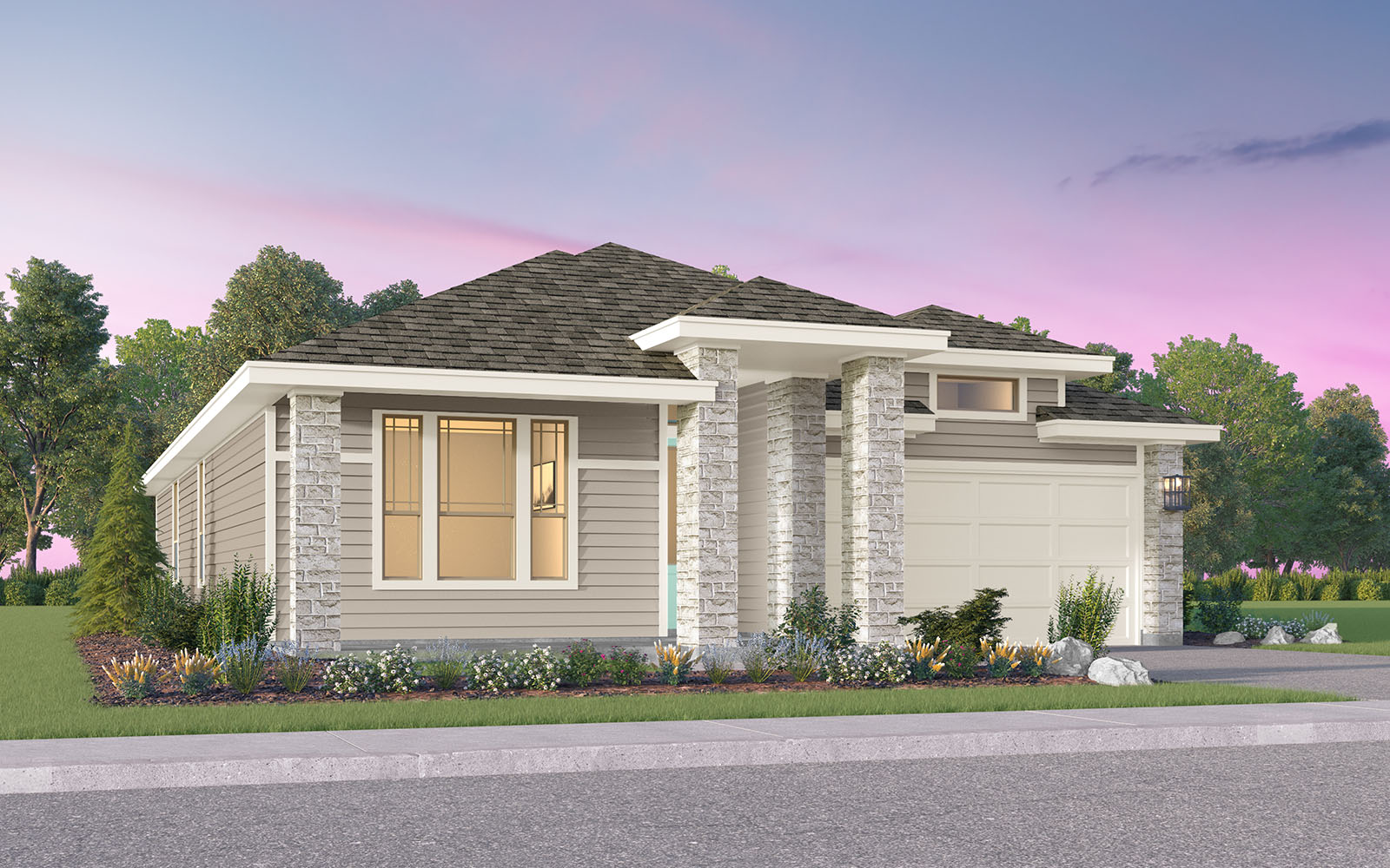 View of front facade with a garage, driveway, stone siding, and a shingled roof