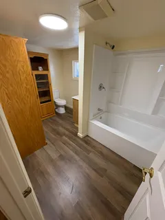 a bathroom with a bathtub and a toilet