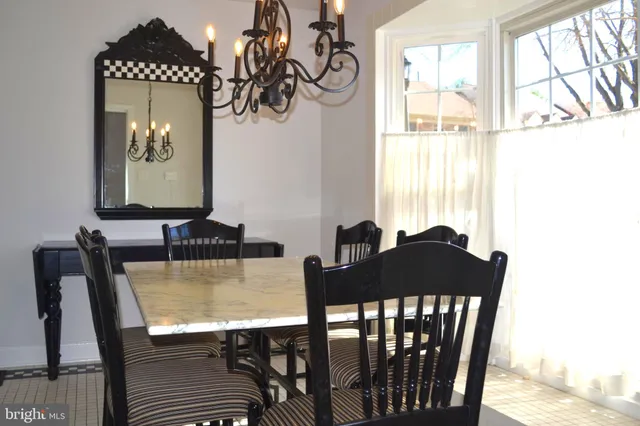a view of a dining room with furniture and window