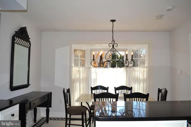 a view of a dining room with furniture and window