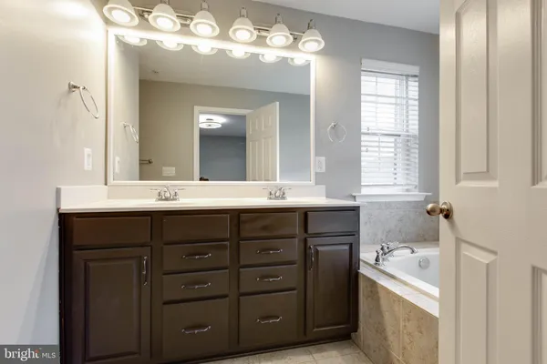 a bathroom with a double vanity sink a large mirror and a bathtub