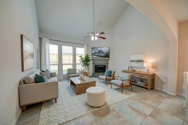 a living room with furniture potted plant and a fireplace