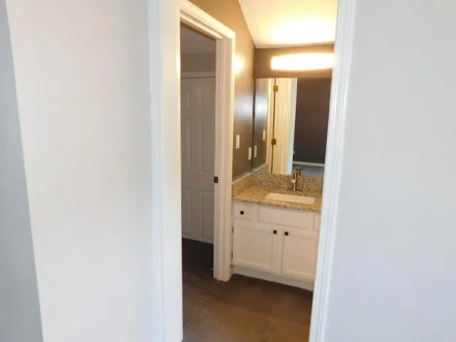 a bathroom with a granite countertop sink and a mirror