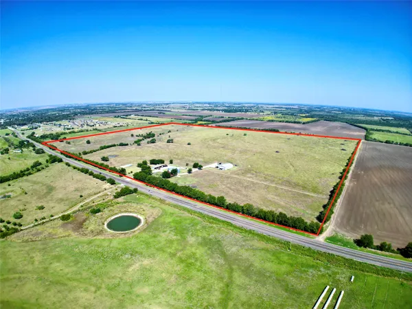an aerial view of a pool