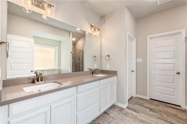 a bathroom with a sink and a mirror