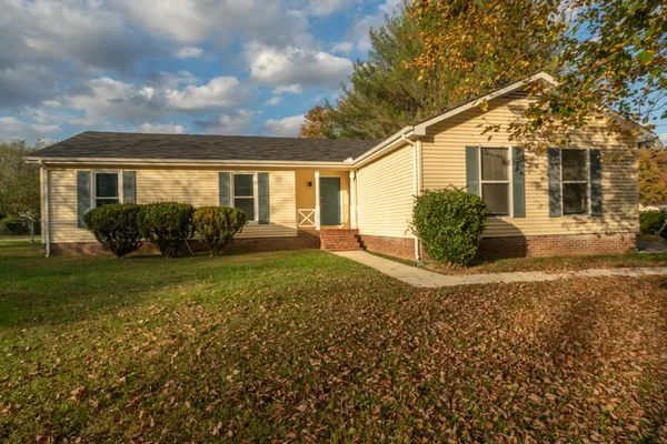 a front view of house with yard and green space