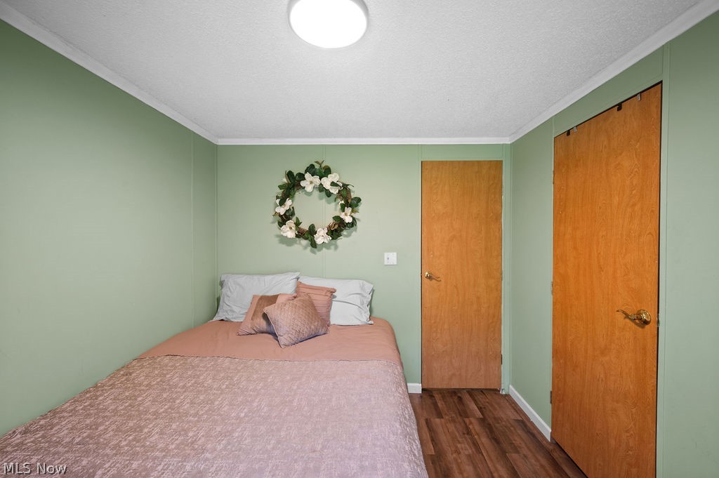 102 Logston Run Road Ravenswood, WV 26164 - Photo 12 of 42 Bedroom featuring light green walls, wood-finish flooring, white crown molding, a flush-mount ceiling light, and two wood doors