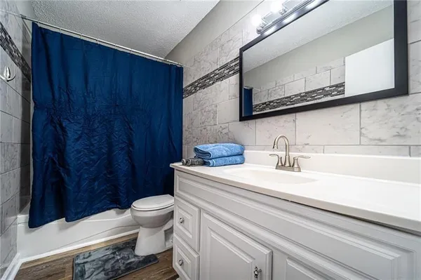 a bathroom with a sink a toilet and mirror