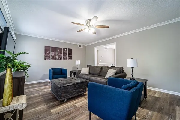 a living room with furniture and a potted plant