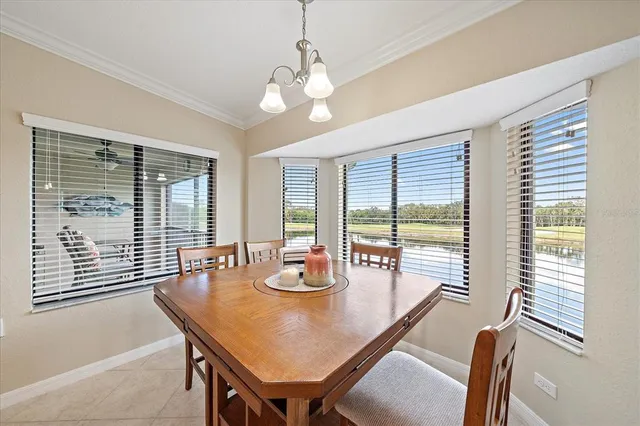 a view of a dining room with furniture window and outside view