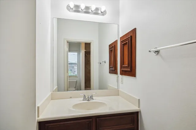 a bathroom with a sink vanity and a mirror