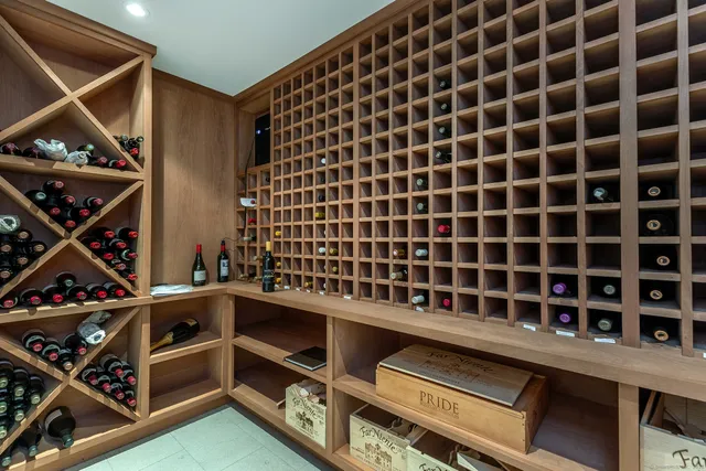 a view of a park with large trees