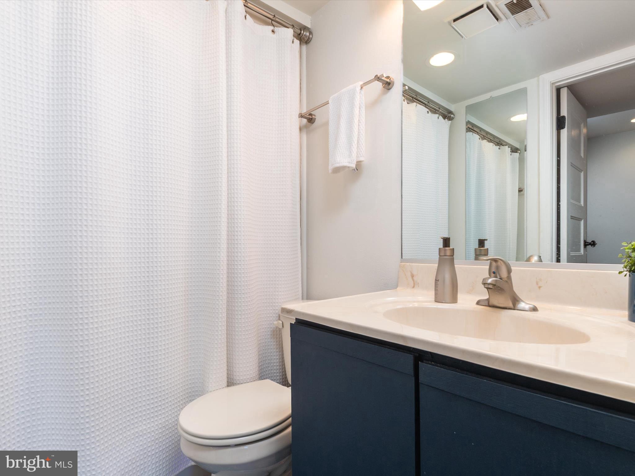 32 Queen Anne Way Chester, MD 21619 - Photo 23 of 61 a bathroom with a sink a toilet a mirror and shower curtain