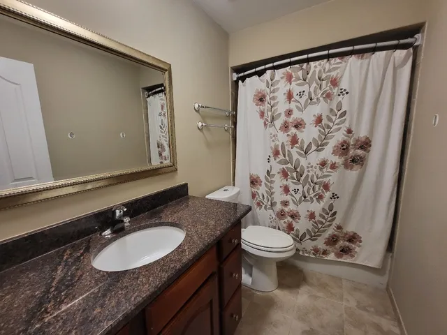 a bathroom with a shower and a toilet