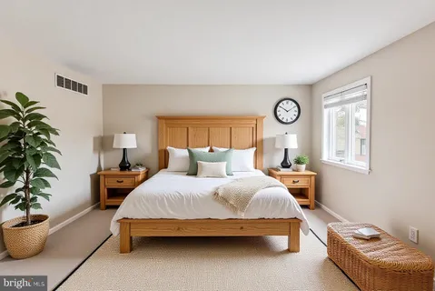 a bedroom with a bed and a potted plant