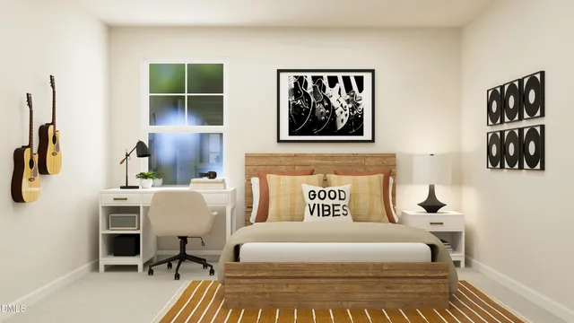 a room with a bed and a table in it