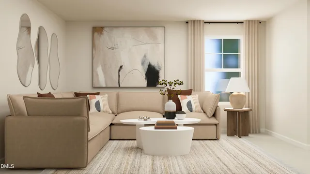 a living room with furniture a table and a chandelier