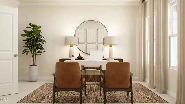 a view of a dining room with furniture and window