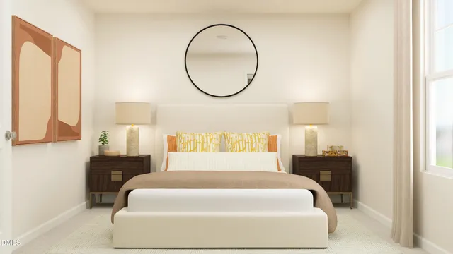 a bedroom with a bed and a lamp next to a window