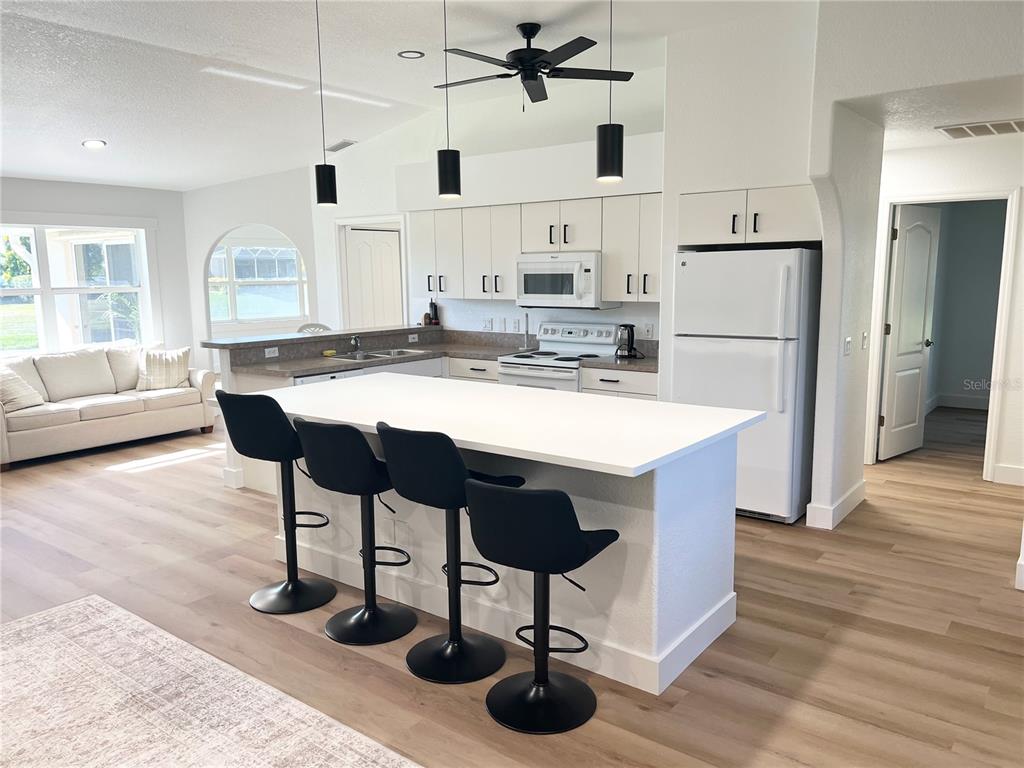 255 Medalist Road Rotonda West, FL 33947 - Photo 3 of 21 a kitchen with stainless steel appliances kitchen island a table chairs and wooden floor