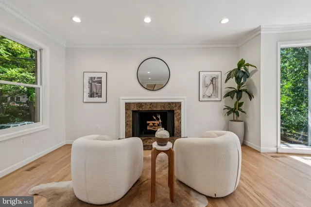 a living room with furniture a window and a fireplace