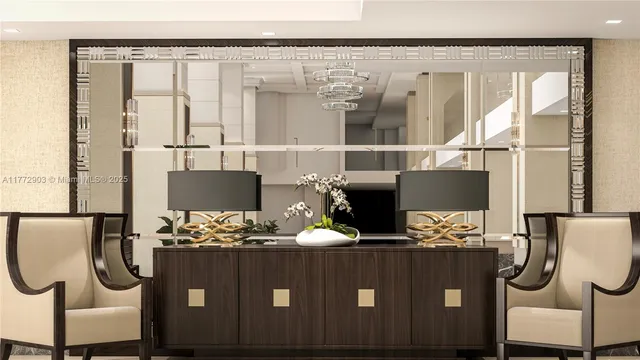 a view of a dining table with furniture and floor to ceiling window