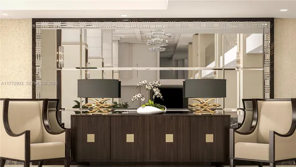 a view of a dining table with furniture and floor to ceiling window