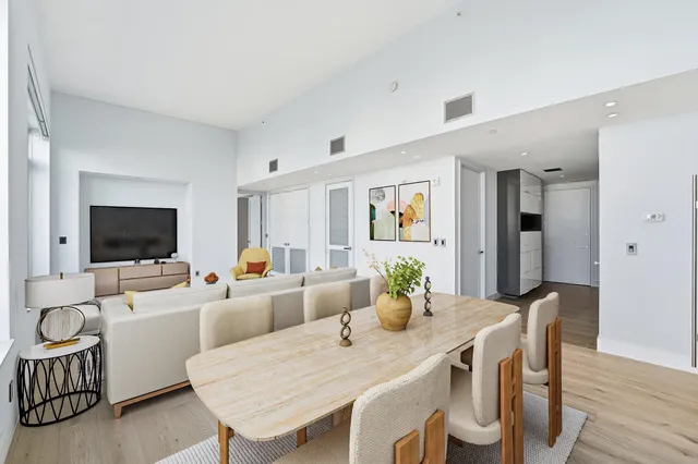 a view of a dining room with furniture