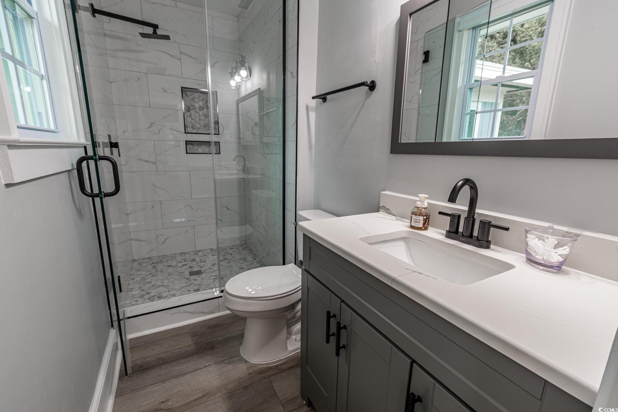 5307 North Ocean Boulevard Myrtle Beach, SC 29577 - Photo 25 of 39 Bathroom featuring healthy amount of natural light, vanity, a marble finish shower, and dark wood-type flooring